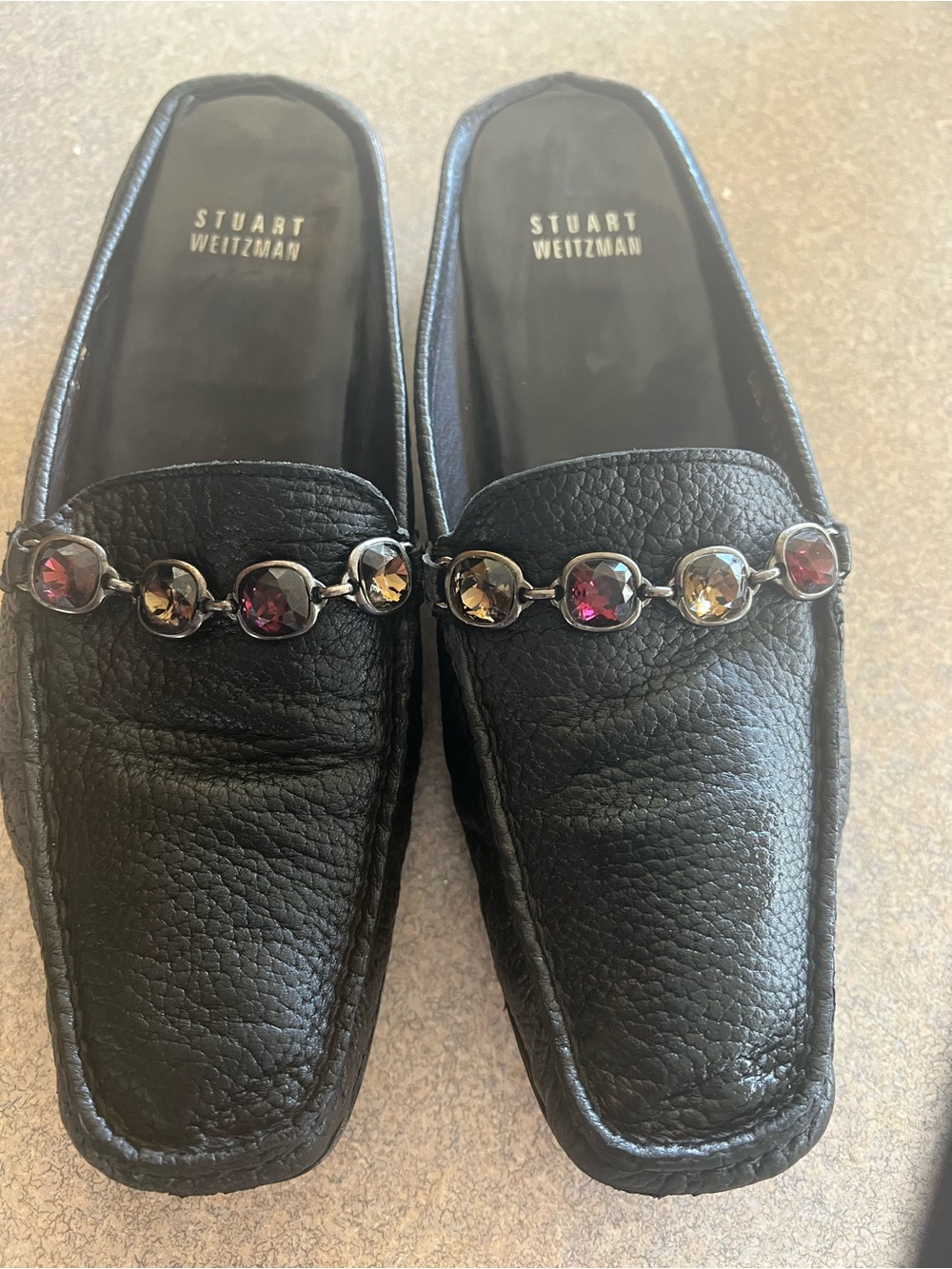 Stuart Weitzman Black Leather Jeweled Slide Loafers with Multicolor Stones
